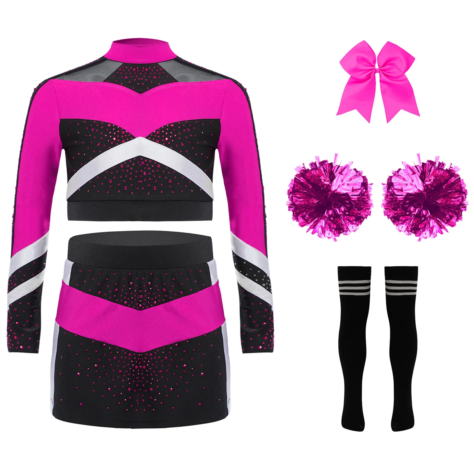 Kids Cheering Team Uniforms with Flower Balls Children Cheer Dance Outfits Schoolgirls Cheerleader Costumes Cheerleading Suits