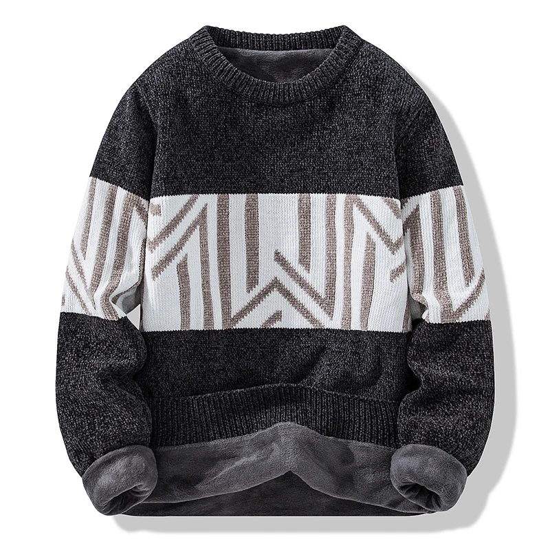 Men's Autumn and Winter New Pullover with Chenille Wool Round Neck Contrasting Letter Jacquard Loose Plush and Thick Top for Men