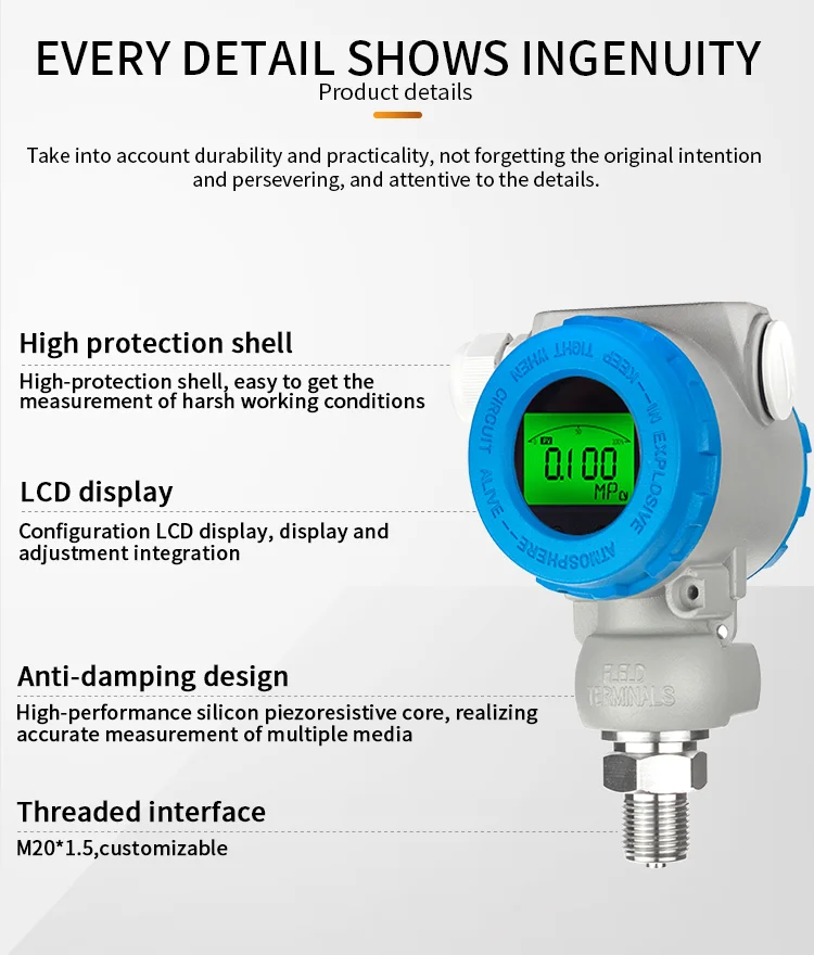 

Датчик давления взрывозащищенный 0-100/300/600 бар, M20*1.5, цифровой, водонепроницаемый, с ЖК-дисплеем, выход 4-20 мА