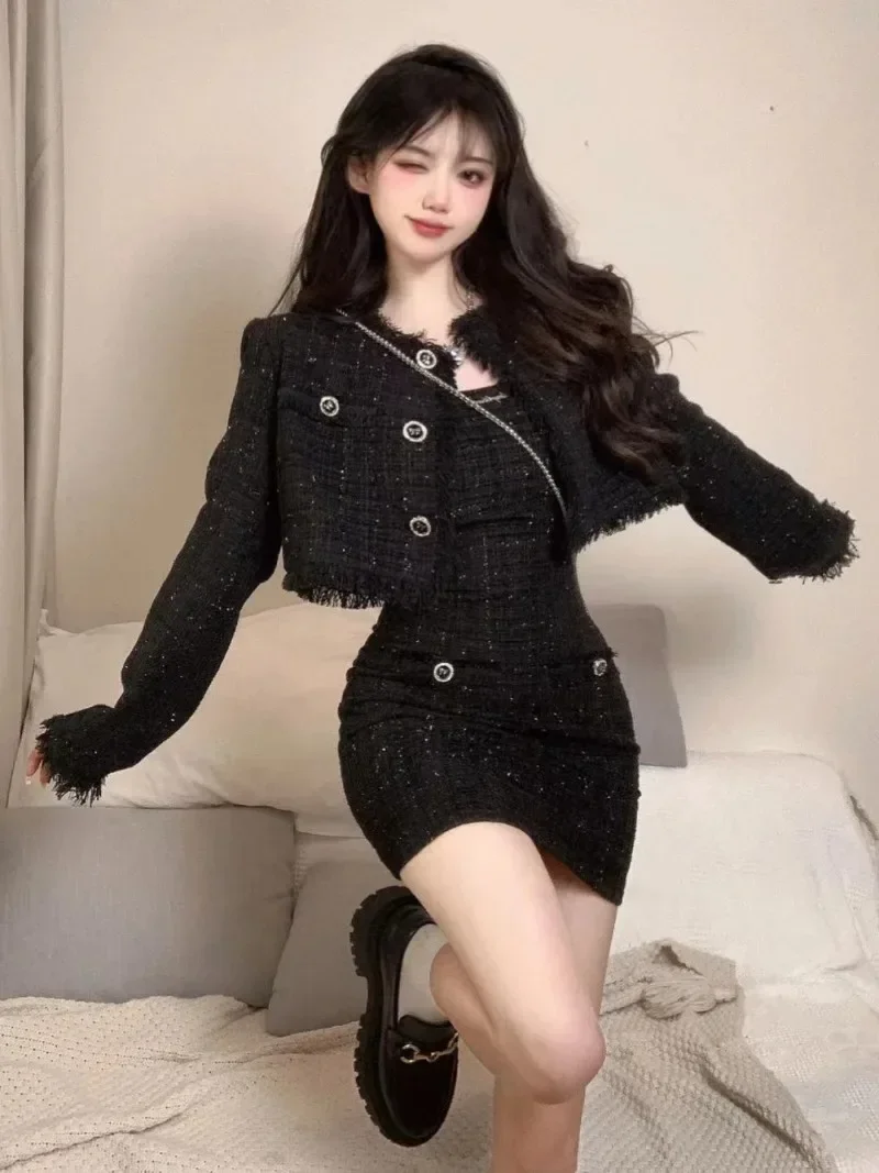 Korean Temperament Coarse Tweed Coat Suspender Dress Two-piece Set Women Fashion Plaid Tassel Splice O-neck Celebrity Slim Suit