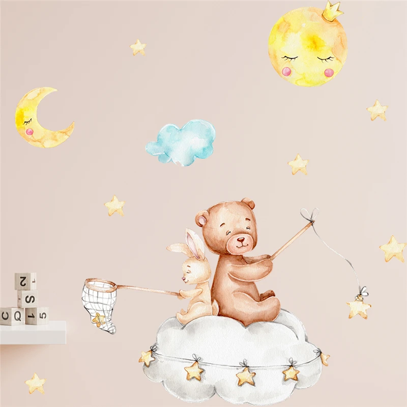 Cute Bear Rabbit Catch Star Moon Wall Sticker For Kids Bedroom Decoration Cartoon Animal Mural Art Diy Home Decals Pvc Poster