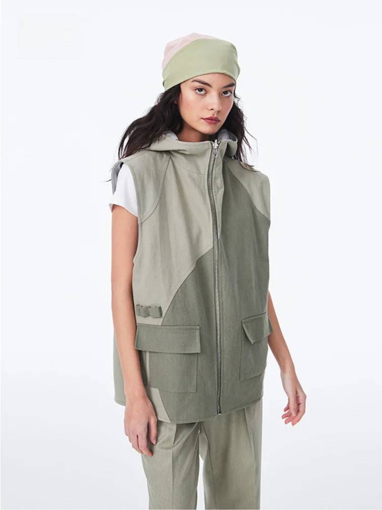 

oll Dual-Sided Wearable Zipper Hooded Vest Original Design Color Blo Partition Women's Cotton Jaet Spring Faion