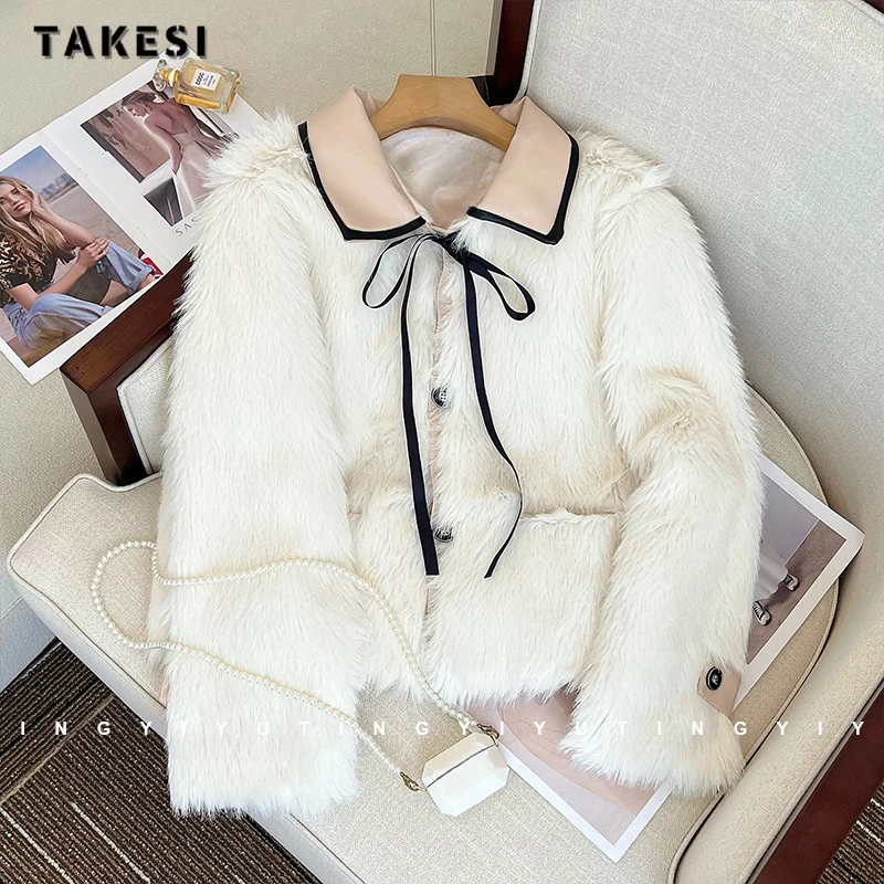 Women Casual Sweet Long Sleeve Single Breasted Lace-up Fur Top 2023 Winter Tassels Outerwear Jacket Thick Warm Solid Faux Coat