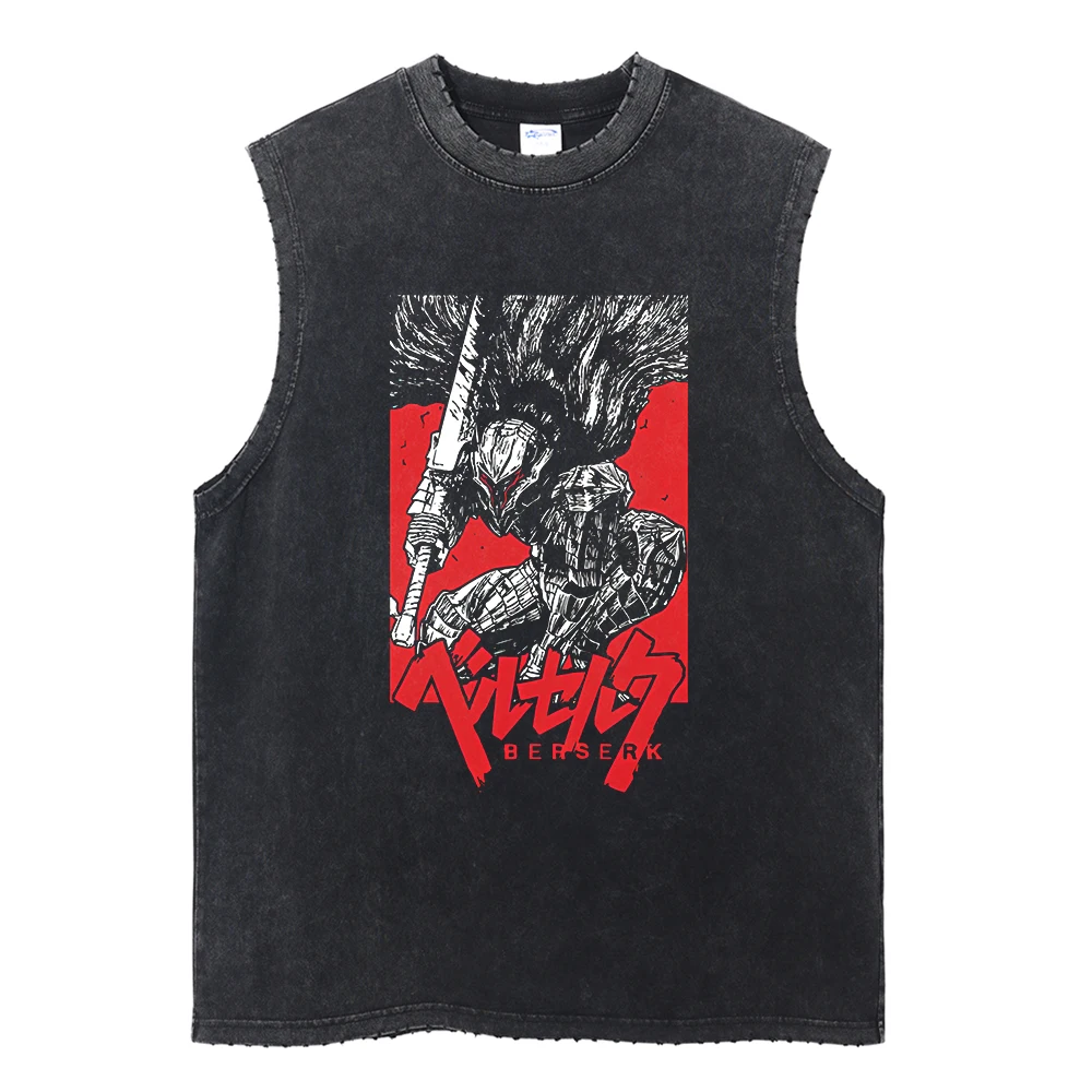 Harajuku Streetwear Washed Anime Print Tank Tops Fashion Ripped Casual Vest Men Summer Sleeveless Cotton Vintage Vest Tee Unisex