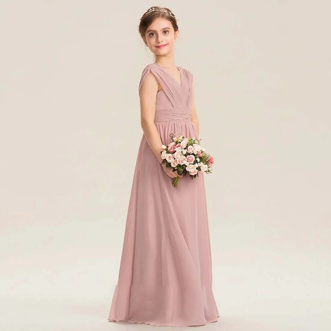 YZYmanualroom Chiffon Junior Bridesmaid Dress With Bow A-line V-Neck Floor-Length 2-15T