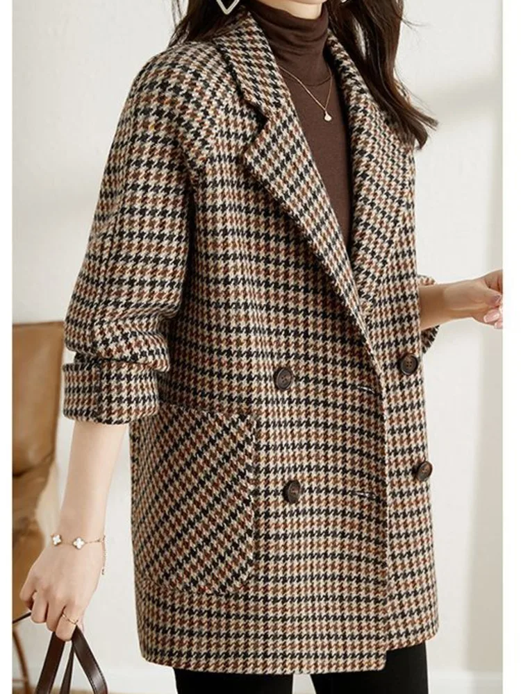 [EWQ] Check Long Sleeve Double Breasted Double-faced Woolen Blazer Coat Office Lady Suit Jacket Winter 2024 Autumn New 16O2707