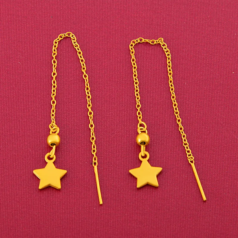 Fashion Luxury Sand Gold Color Glossy Star 14K Earrings Thick Long Drop Earrings for Women Wedding Engagement Jewelry Gifts