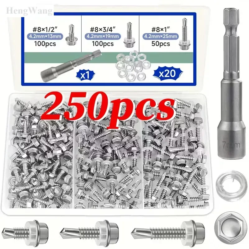 Self Drilling Tek Screws Hex Washer Head #8 M4.2 410 Stainless Steel 250pcs Self Tapping Screw Assortment Kit for Sheet Metal