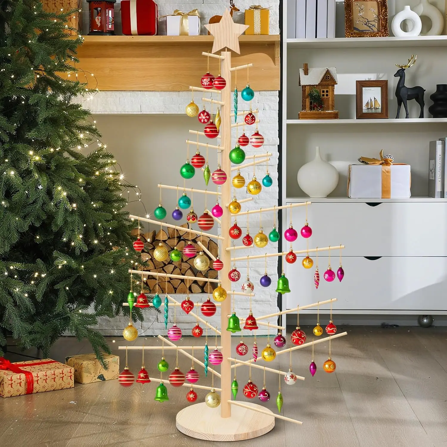 

4ft Wooden Christmas Tree Ornament Display with Shelves for DIY Farmhouse Xmas Decor