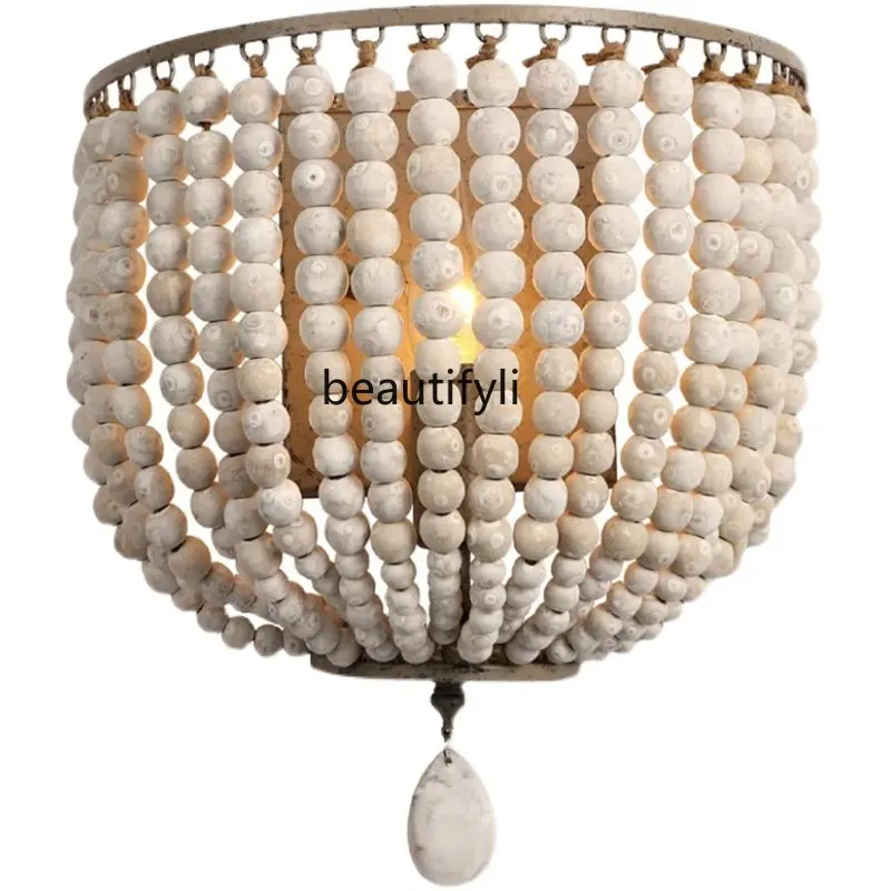 zq French Retro Crystal Wooden Bead Wall Lamp Corridor Hallway Corridor Wall Lamp Room Bedroom Bedside Lamp Wall Lamp