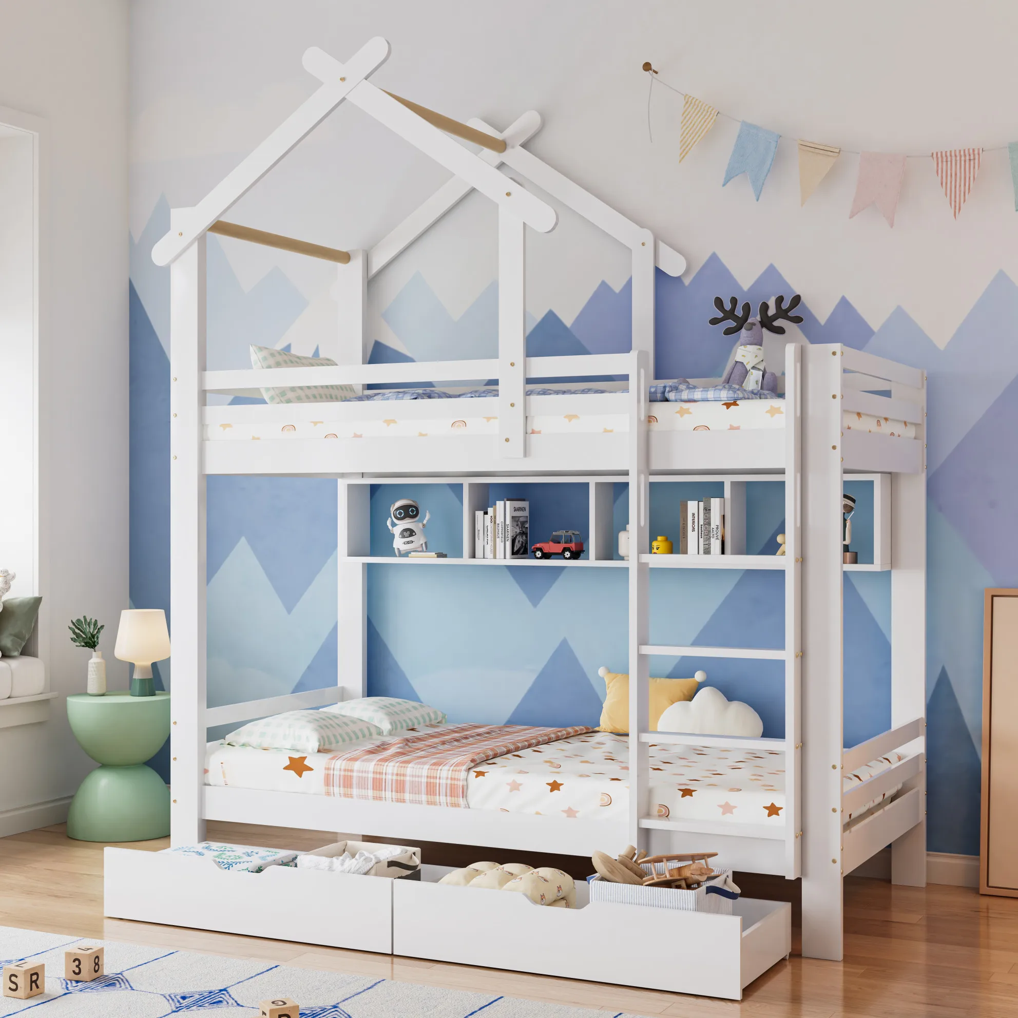 Wit houten stapelbed voor kinderen, gemaakt van dennenhout, met lades, planken en veiligheidsleuningen, 90x200 cm.