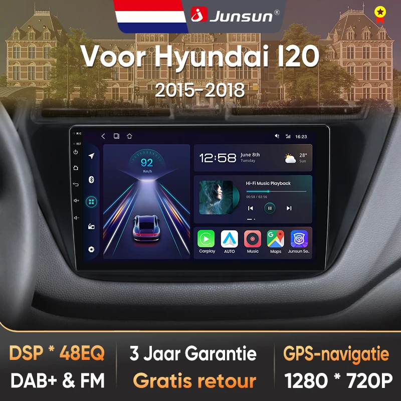 Junsun voor Hyundai I20 2015-2018 9 Inch 4GB 64GB Android 13 Car Stereo GPS Navigatie Carplay Auto Radio DSP Bluetooth FM Ondersteuning Stuurwielbediening USB AUX Ingang Achteruitrijcamera Klaar 1080P