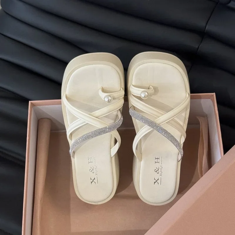 Women Wedges Pearl Slippers Beach Shoes Flats Platform Casual Sandals Summer Fashion New Flip Flops Female Party Dress Slides