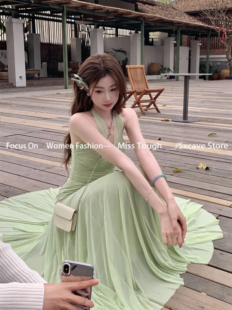 

French Elegant Sexy V-neck Halter Bandage Midi Dress Women Retro Beach Vacation Party 2025 Pleated Sundress Korean Fashion