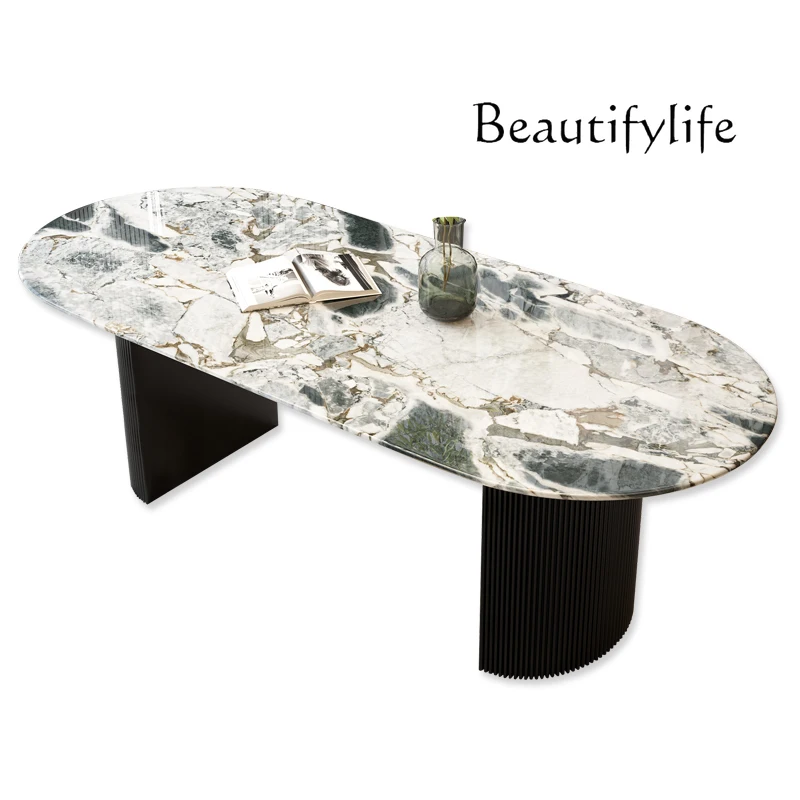 

Imported natural marble dining table rectangular household Italian high-end light luxury with round luxury stone solid wood feet