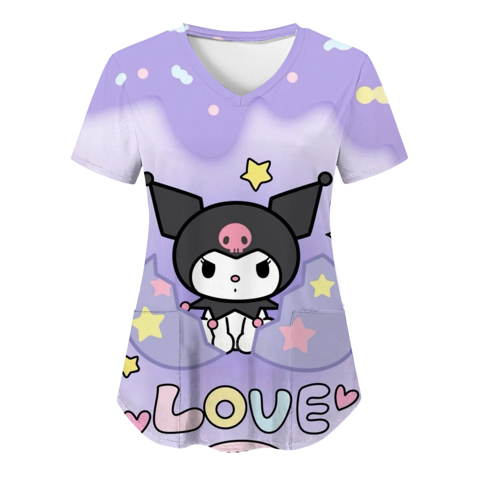 Sanrio Hello Kitty Kuromi Woman Clothing HD Print New Cartoon Nurse Uniform Women T-shirts Pocket Hospital V Neck Top Y2k Summer