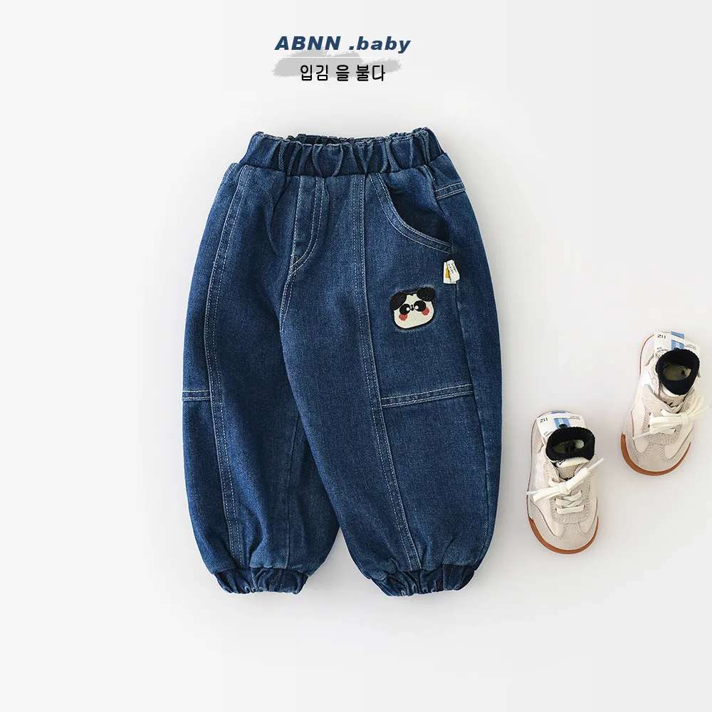 Infant Boy Casual Warm Pants Plus Velvet Thick Toddler Girl Panda Embroidery Jeans 2025 Winter New Baby Fleece Denim Trousers