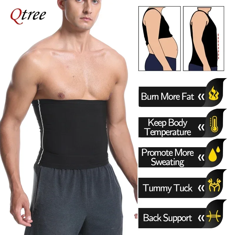 Qtree Sauna Sweat Workout Corset Waist Trimmer Belt Men Belly Trainer Body Shaper Compression Tummy Control Weight Loss Girdle