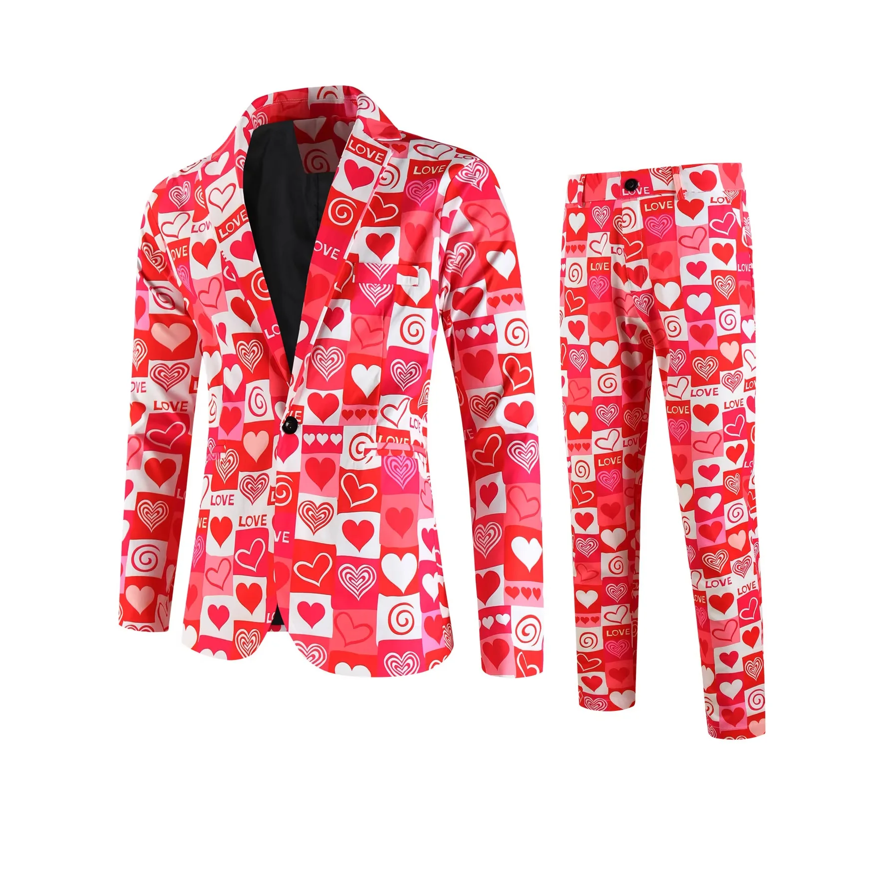 New Valentine's Day Set Men's Long Sleeve Notched Lapel Buttoned Suit Jacket Fun Print Jacket Pocket Men's Outerwear