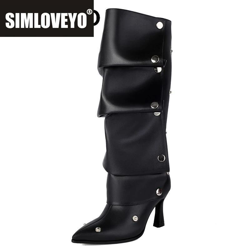 

SIMLOVEYO 2024, модные женские сапоги до колена с острым носком на каблуке 8 см, плиссированные заклепки, размер 46, 47, 48, новинка Bota