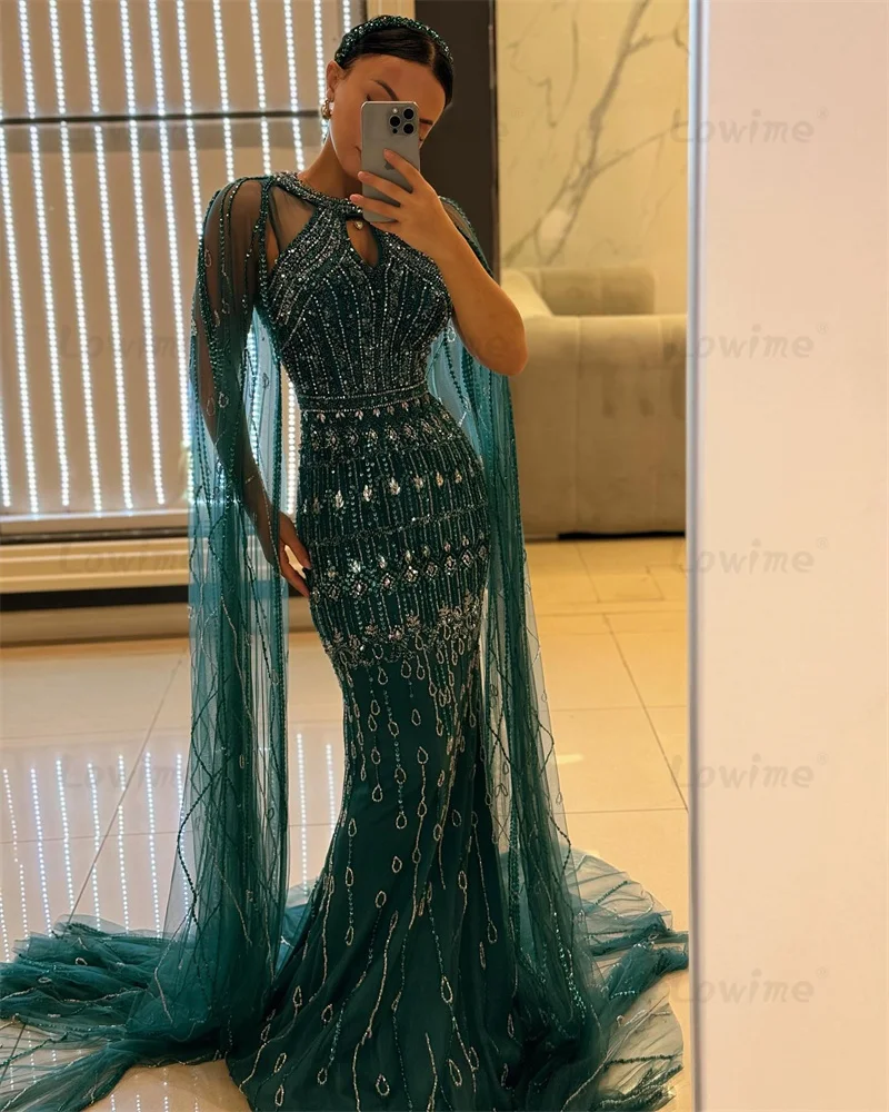 สีเขียวชุดราตรี 2025 Cape Sleeve คํา Mermaid Prom Dresses ลูกปัดคริสตัลหรูหรา Party Gowns วันเกิดหมั้นชุด