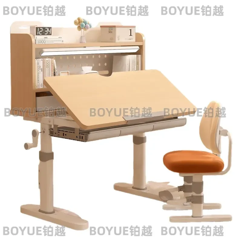 Adjustable Kids Study Desk and Chair Set Hand Crank Height Ergonomic Writing Table for Primary School Students Teenagers