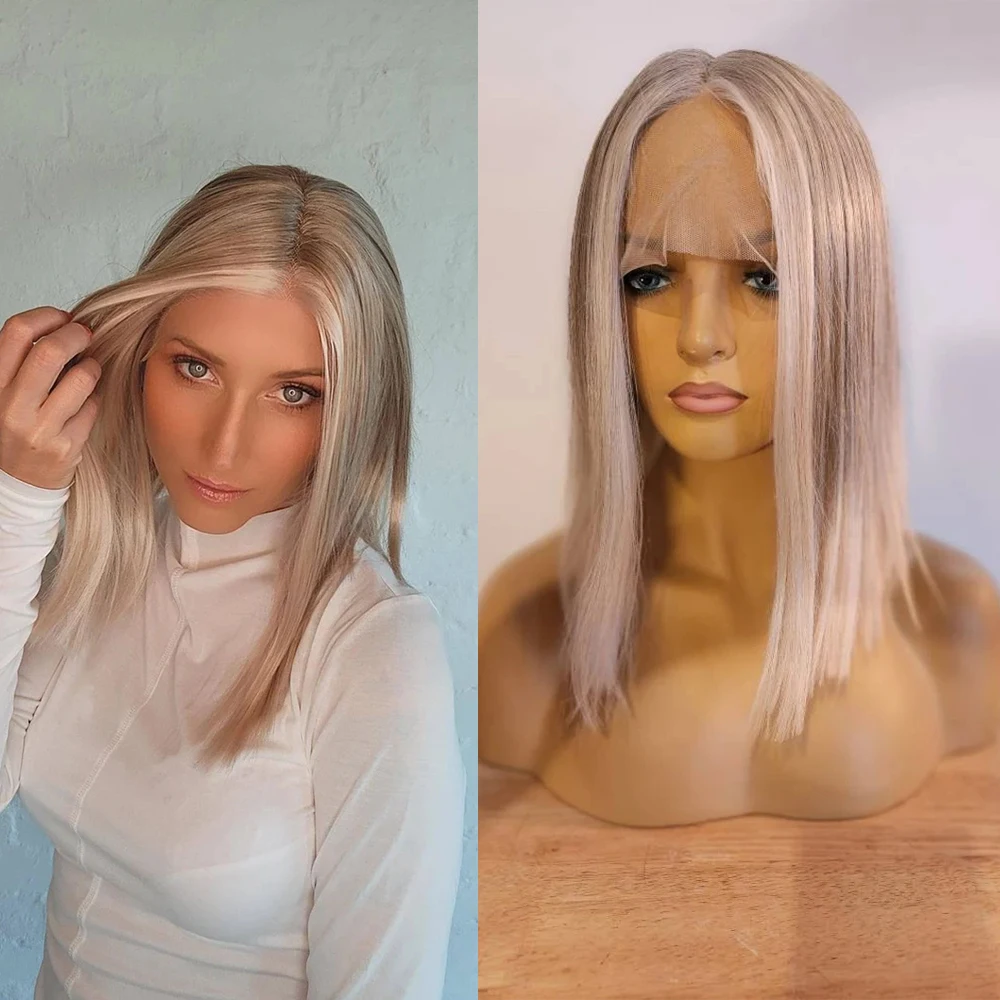 Highest quality Heat-resistant Fibre 14” Straight Bob Lace Front Wig Light Platinum Ash Blonde Highlights Wig Synthetic Lace Wig