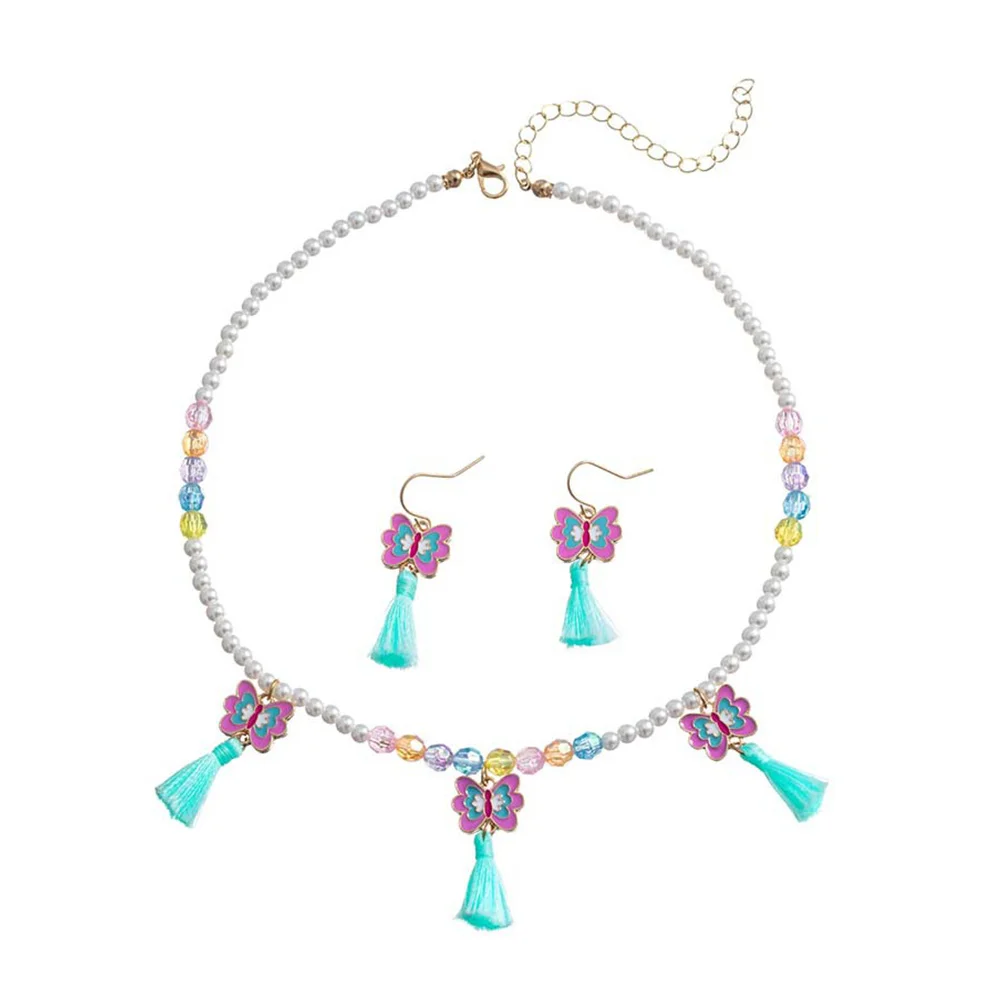 Ensemble de boucles d'oreilles et collier en alliage pour enfants, boucles d'oreilles à pampilles papillons