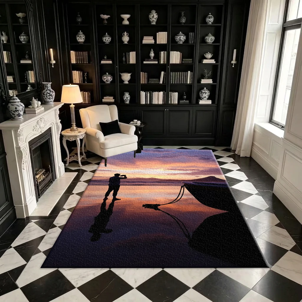 Sunset Beach Sea View Silhouette Scenery Carpet Romantic Ocean Dusk Scenery Printed Square Carpet for Home Decoration