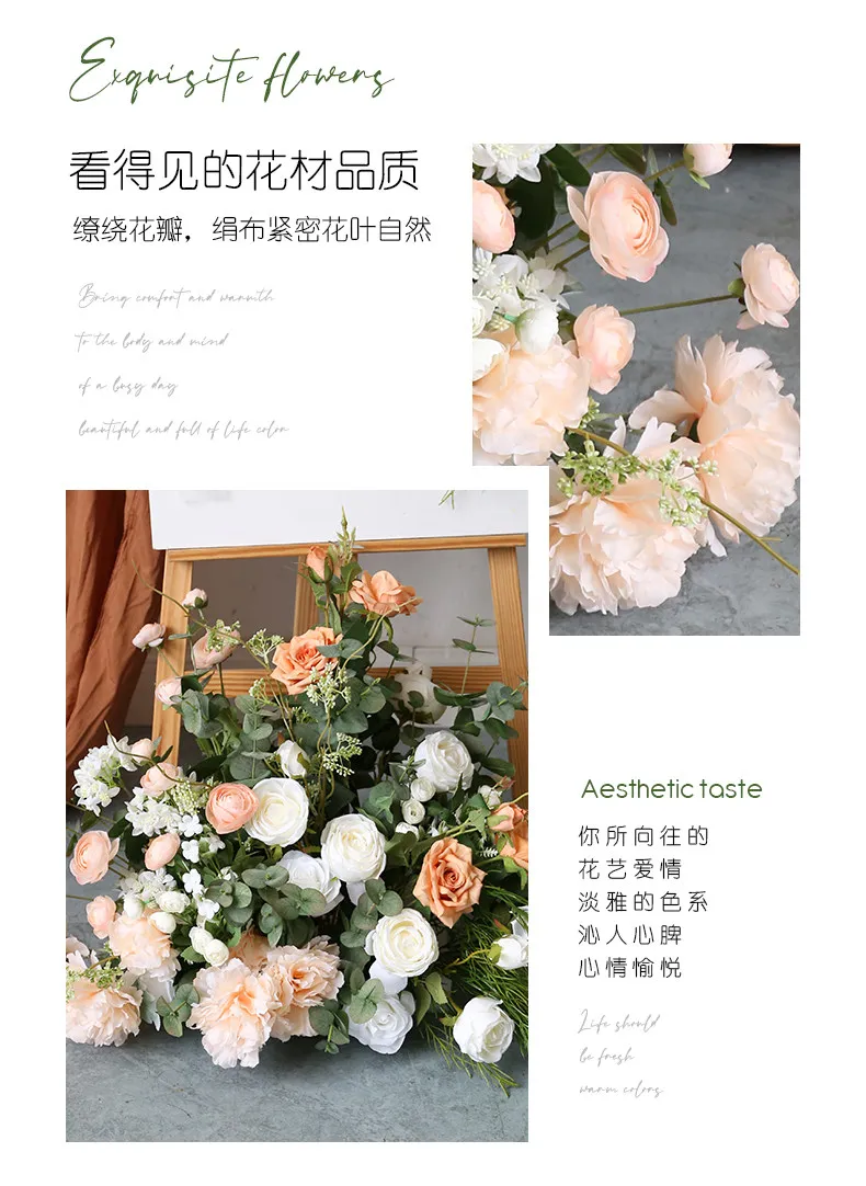 Champagnerweiße Rose mit grünen Blättern, hängende Blumenreihe, Dekoration für Hochzeitshintergrund, Tischdekoration, Ballveranstaltung, Gangdekoration, Bodenblumenrequisiten – Detail 3
