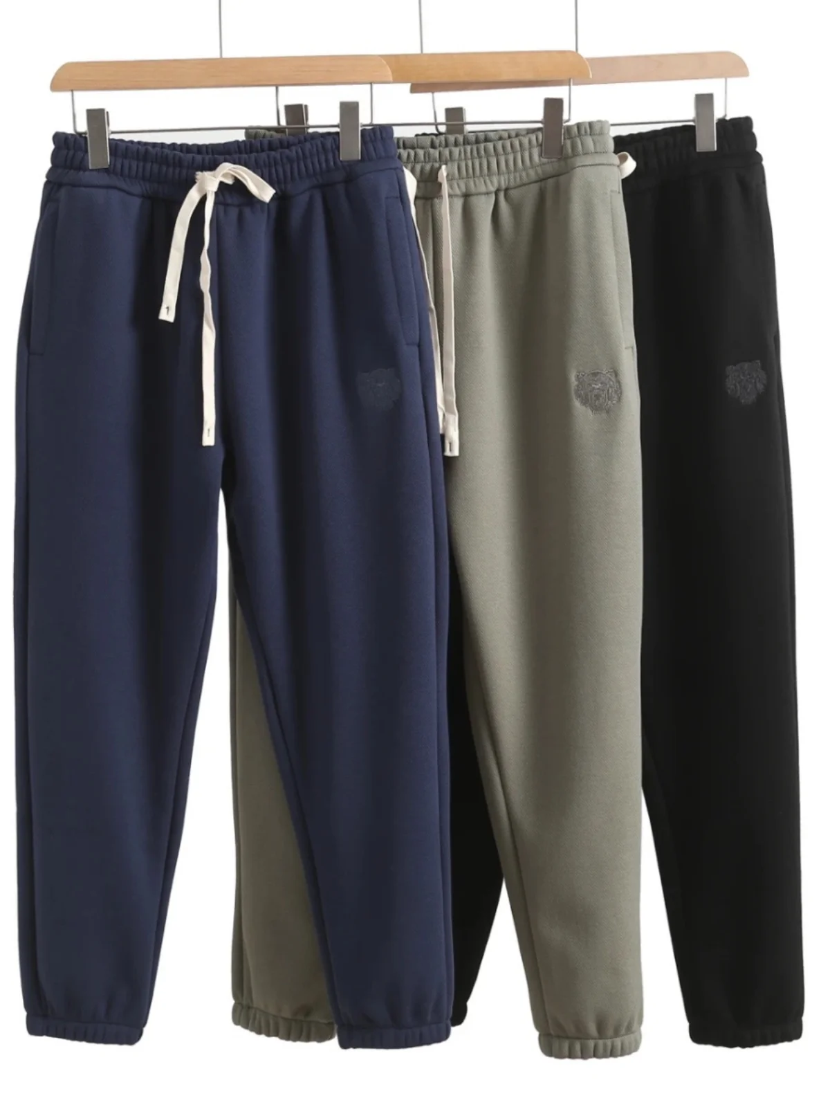 

Ele Embroidered Tiger Head Men's Winter Fce Lined Thiened Windproof Warm Cuffed Sports Casual Sweatpants