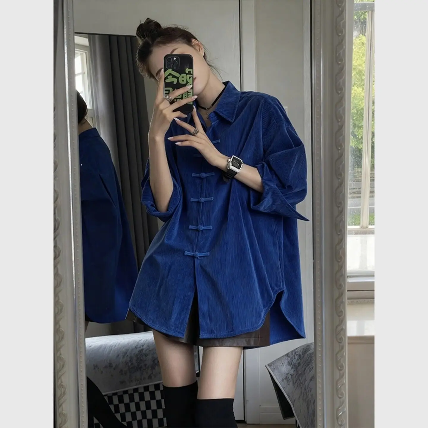 Klein Blue Corduroy Shirt Traditional Chinese Style Button-Up Collar Modified Hanfu Tang Costume Women's Casual Standard Fit ...