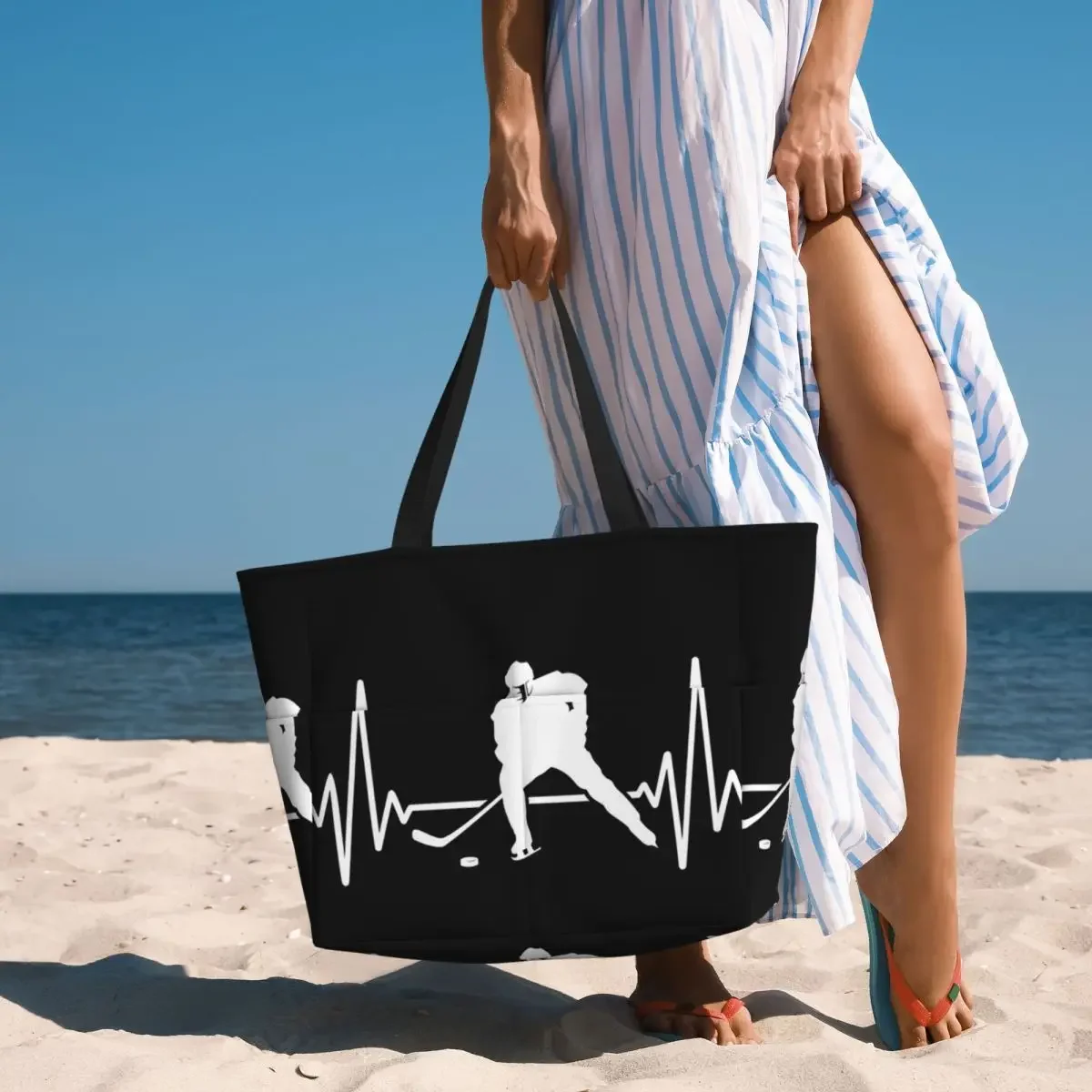 Ice Hockey Heartbeat, Hockey Heartbeat Beach Tote Bag Sport Gym Yoga Duffle Large Tote Bag Women Travel Bag Fitness bag