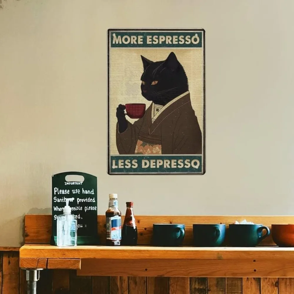 Vintage Metal Tin Sign 5.5 X 8inch More Concentrated Less Low-End Posters Drinking Posters Coffee Lover Gift Funny Black Cat Wall Art Ar