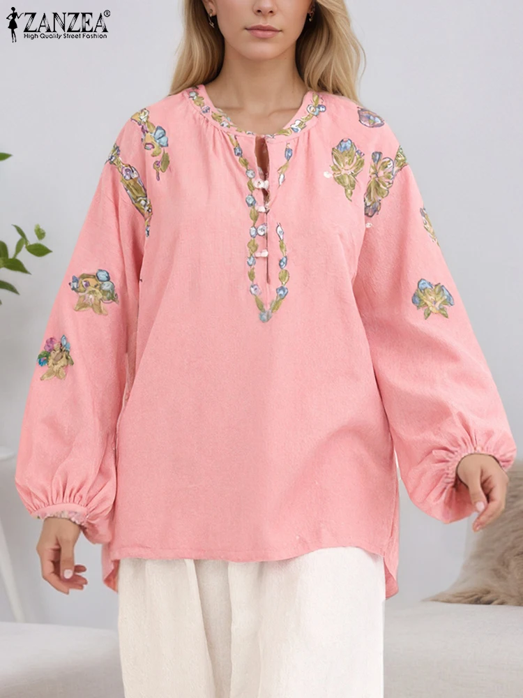 

Women Blouses ZANZEA 2025 Autumn Casual Loose Floral Print Lantern Sleeve Button Up Blusas Mujer Korean Vintage Holiday Shirt