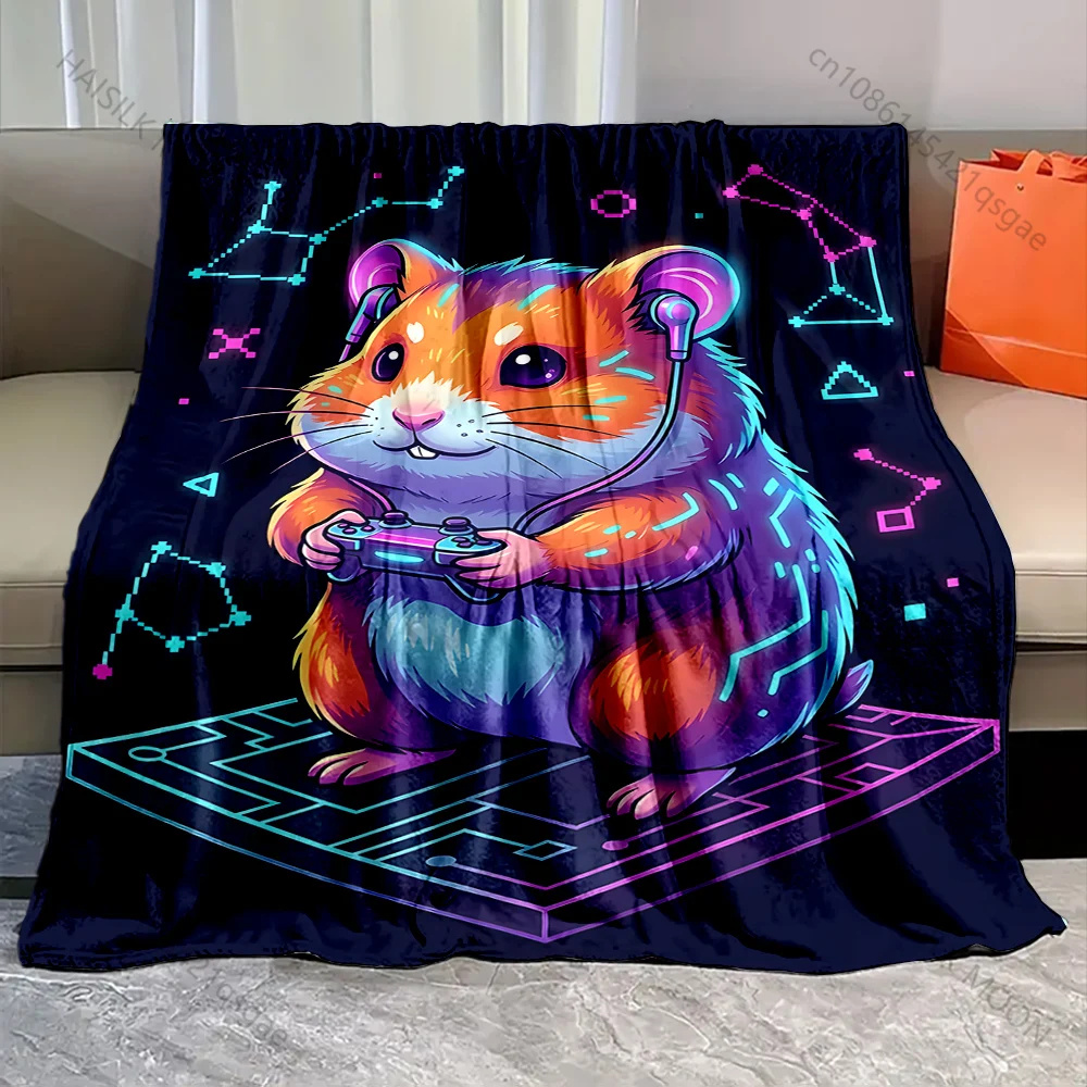 1PC Hamster gaming with headphones  Print Adult Children Warm Blankets Home Travel Car Soft Comfortable Suitable for all seasons