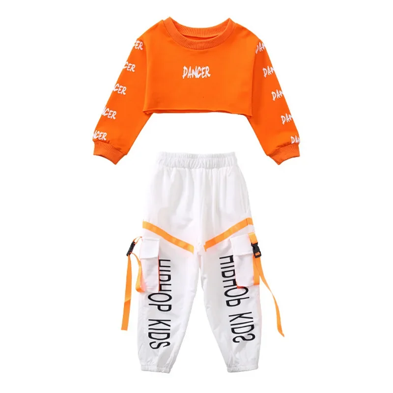 Hip Hop Kids Crop Top Contrast Cargo Pants Child Jazz Joggers Streetwear Sweatshirt Girls Street Dance Cheerleader Clothes Set