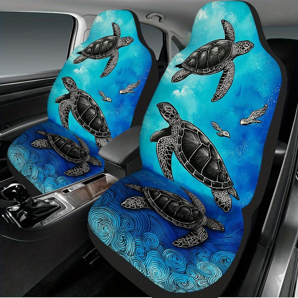 2pcs Ocean Swimming Turtle Print Car Seat Covers – Fit For Cars, Trucks, Vans, And SUVs | Durable Front Seat Protectors | Easy