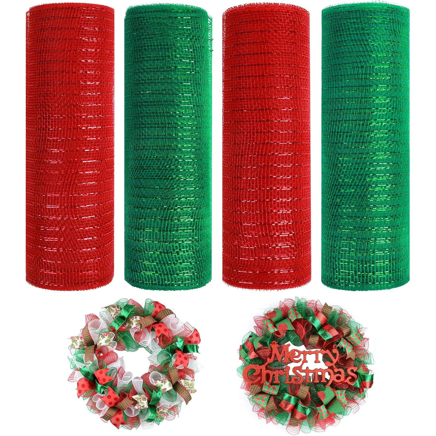 Christmas Decorative Mesh ribbon 10 Inch x 30 Feet(10Yard), Poly Mesh Ribbon with Metallic, Metallic Foil Ribbon Mesh  4 Rolls