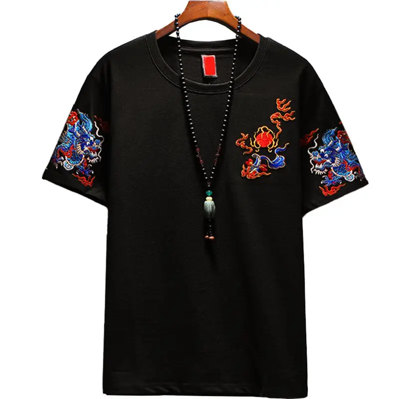 Short-sleeved T-shirt Men Summer Ethnic Style Dragon Pattern Embroidered Casual Trend Top
