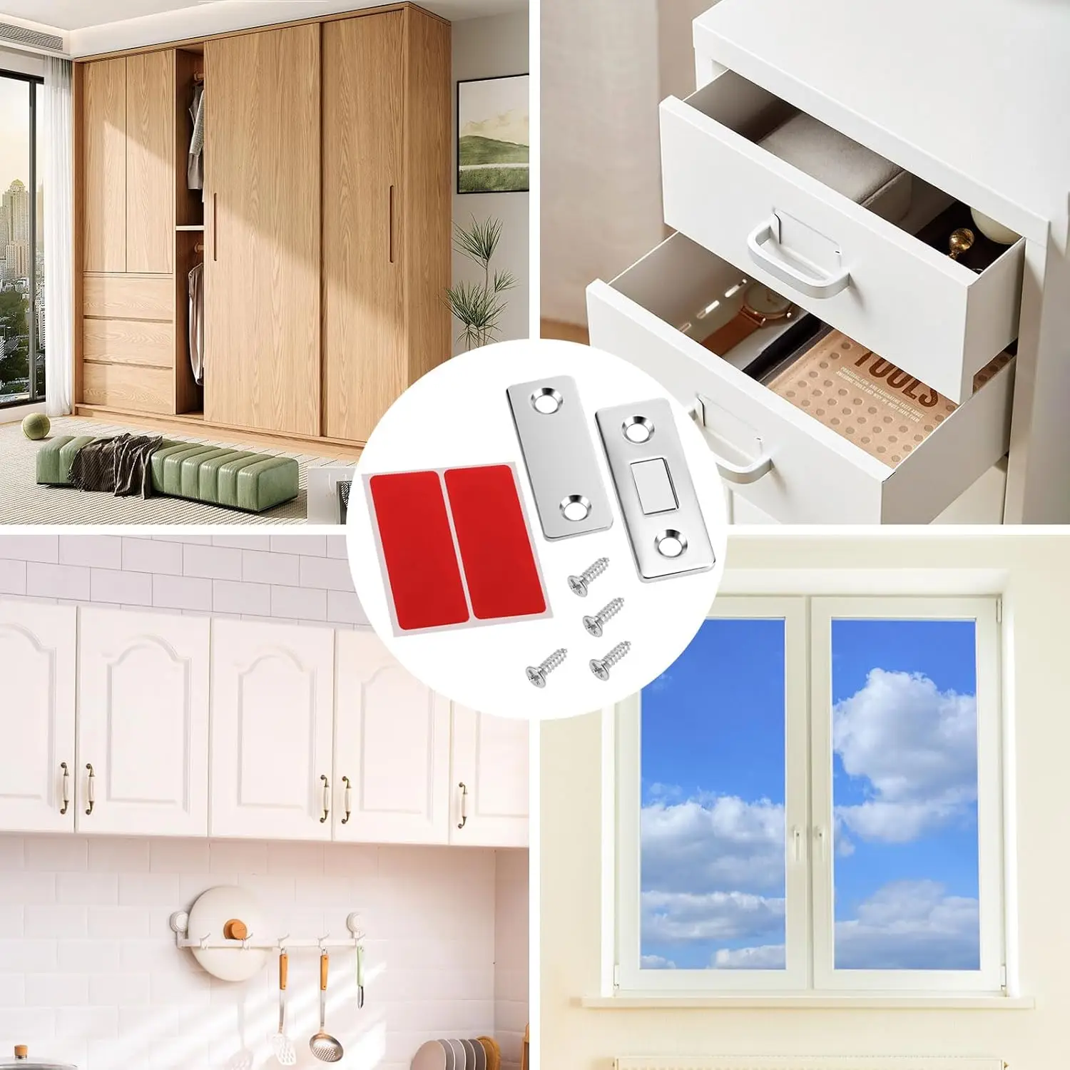 Ultra thin magnetic cabinet door latch，adhesive stainless steel magnet，cabinet door lock used for kitchen，bathroom，and closet
