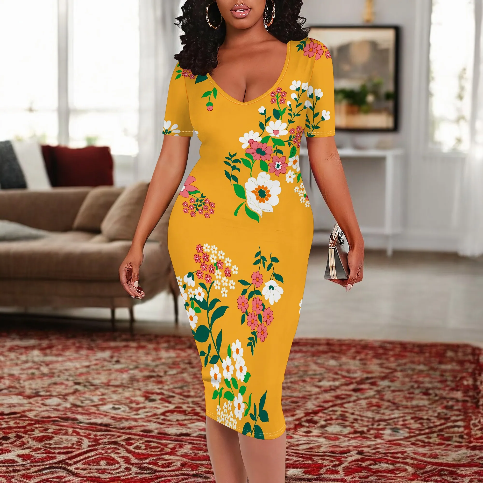 

Nupusa Garden Floral Print Dress for Women Standard Size Summer Casual Scoop Neck Short Sleeve Midi Dress