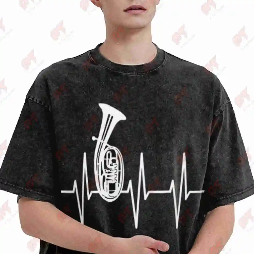 Tenor Horn Heartbeat Music Health Humor EKG Vintage Washed Tee Pure Cotton T-Shirt