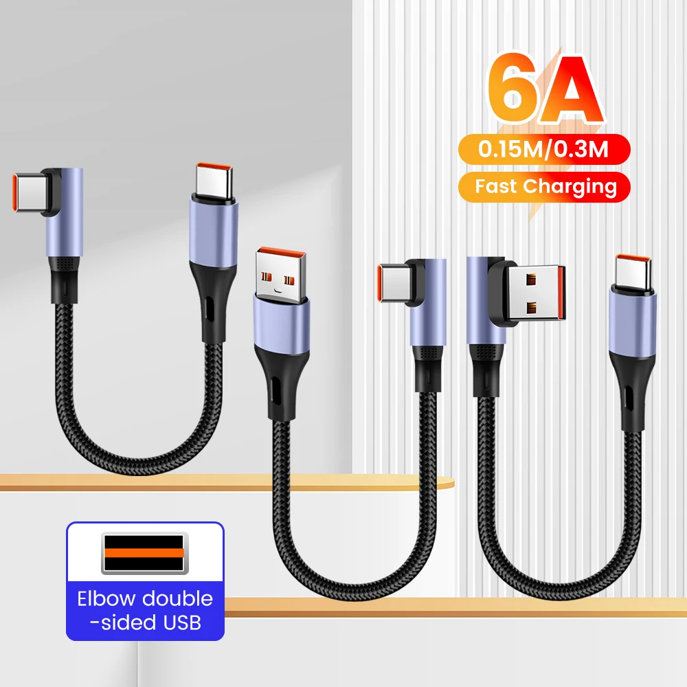 90° Elbow USB C Ultra Short Cable USB Type-C Cable 6A 66W 0.25/0.5M Fast Charge Cable for Samsung Xiaomi Huawei Quick Charging