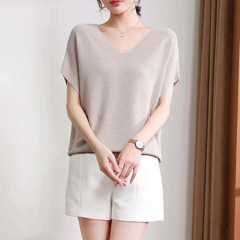 2023 Summer Solid Color Fashion Clothes Ladies V-neck Batwing Sleeve Pullover Tops Women Loose Elegant Knitting T-shirt