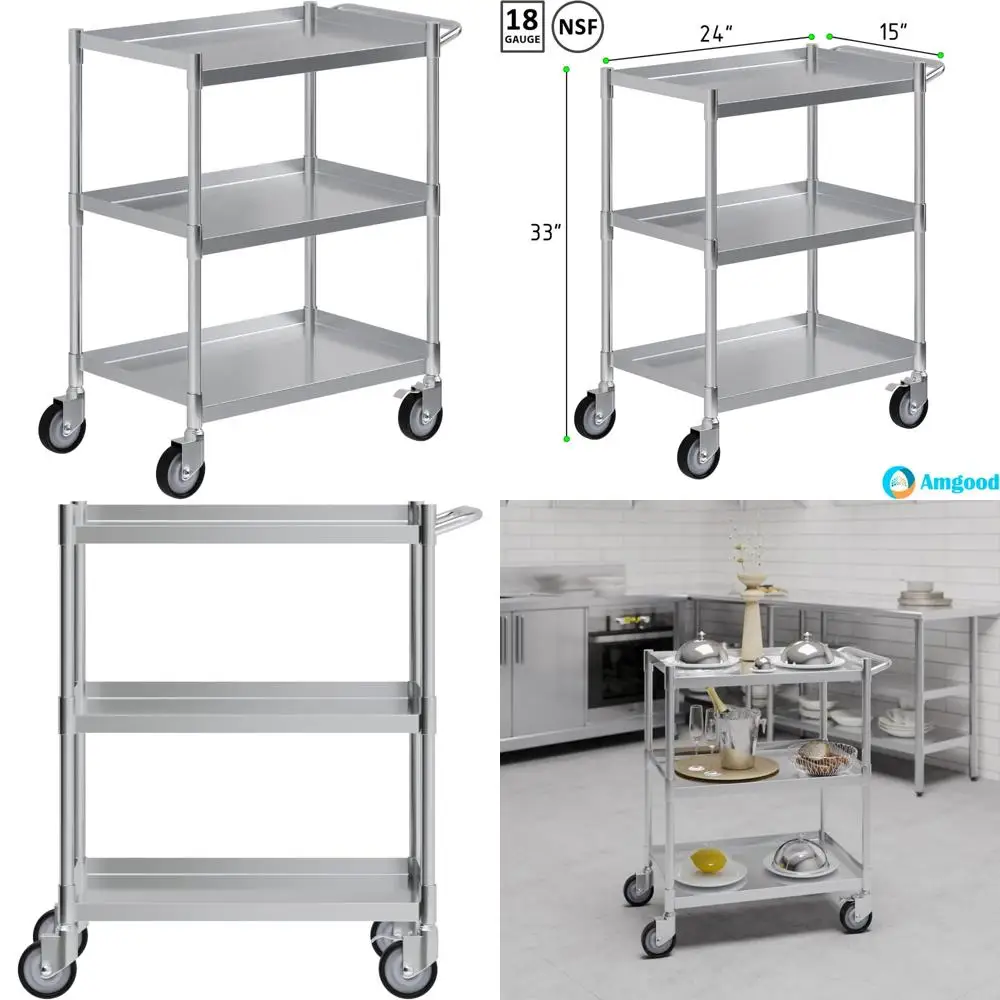 3段ステンレス製チューブラーユーティリティカート |   15インチ 幅×24インチ。 長さ×33インチの高さ |   ハンドル付き金属製ユーティリティカート（車輪付き）