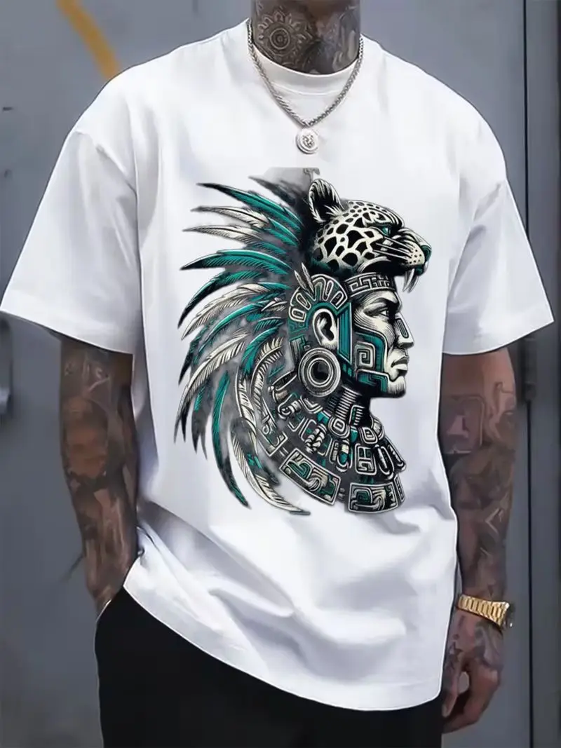 Men's Short-Sleeve T-Shirt, Tribal Mayan Leopard Head Pattern, Silvery Ornament Details, Artistic Side Design, Summer Tattoo Tee