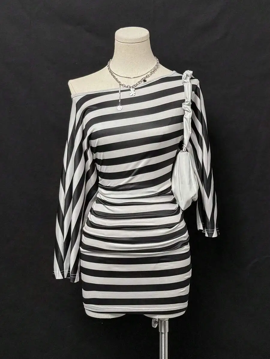 Black And White Striped Asymmetric Shoulder Bodycon Mini Dress For Women