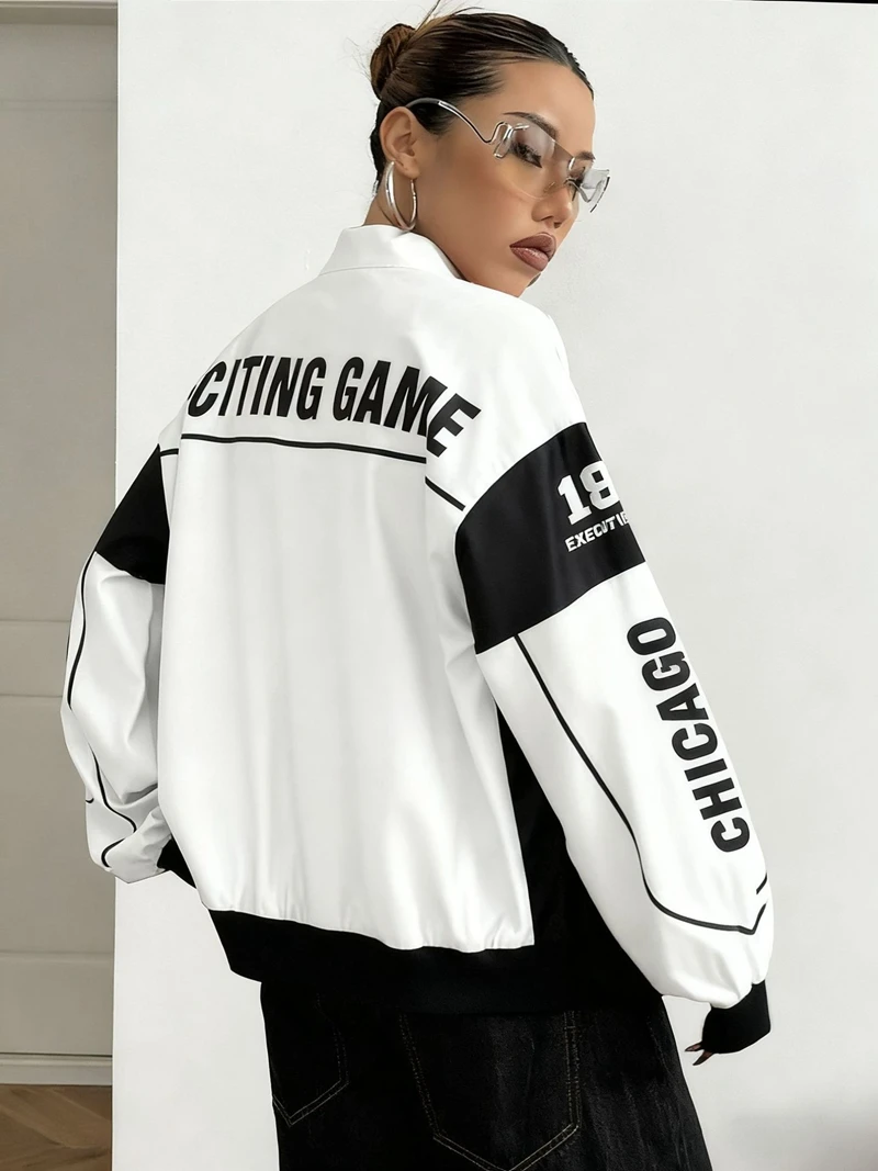 STYLISH LADY Letter Printed Biker Jackets 2025 Autumn Women Long Sleeve Zipper Casual Street Contrast Color Hip Hop Outwears
