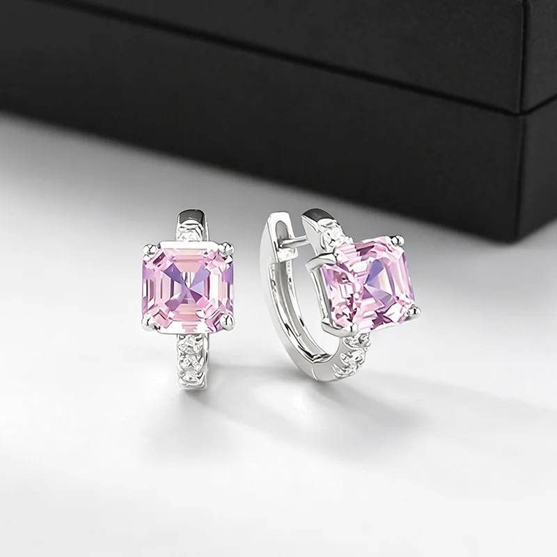 S925 Sterling Silver Huggie Hoop Earrings 6*6mm Square Lab Grown Pink Gemstone Four Prong With Side Zircon Women Fine Jewelry